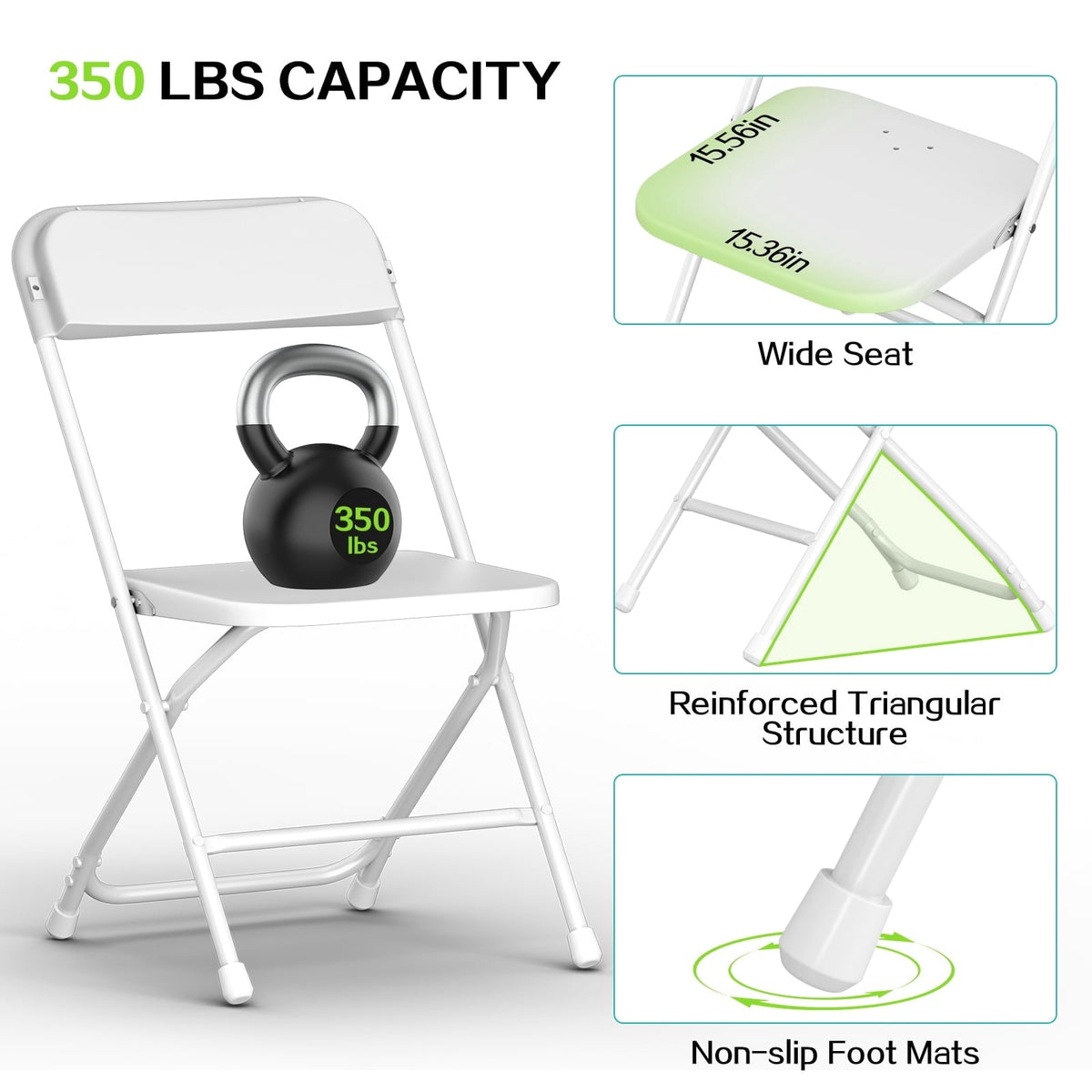 Capri White Plastic Folding Chair 10 Pack with Steel Frame, Hold up to 350 lbs, Indoor Outdoor Portable Stackable Event Chair Commercial Seat for
