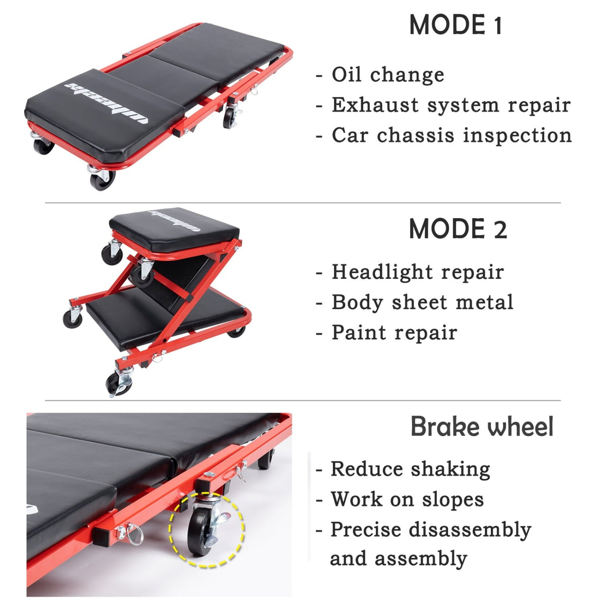 WheelX Mechanic Creeper 36 inches 2-in-1 Z Seat with Brake,340 lbs Capacity,Foldable Garage Chair Adjustable Rolling Folding Lay Down/Sit Car Repair