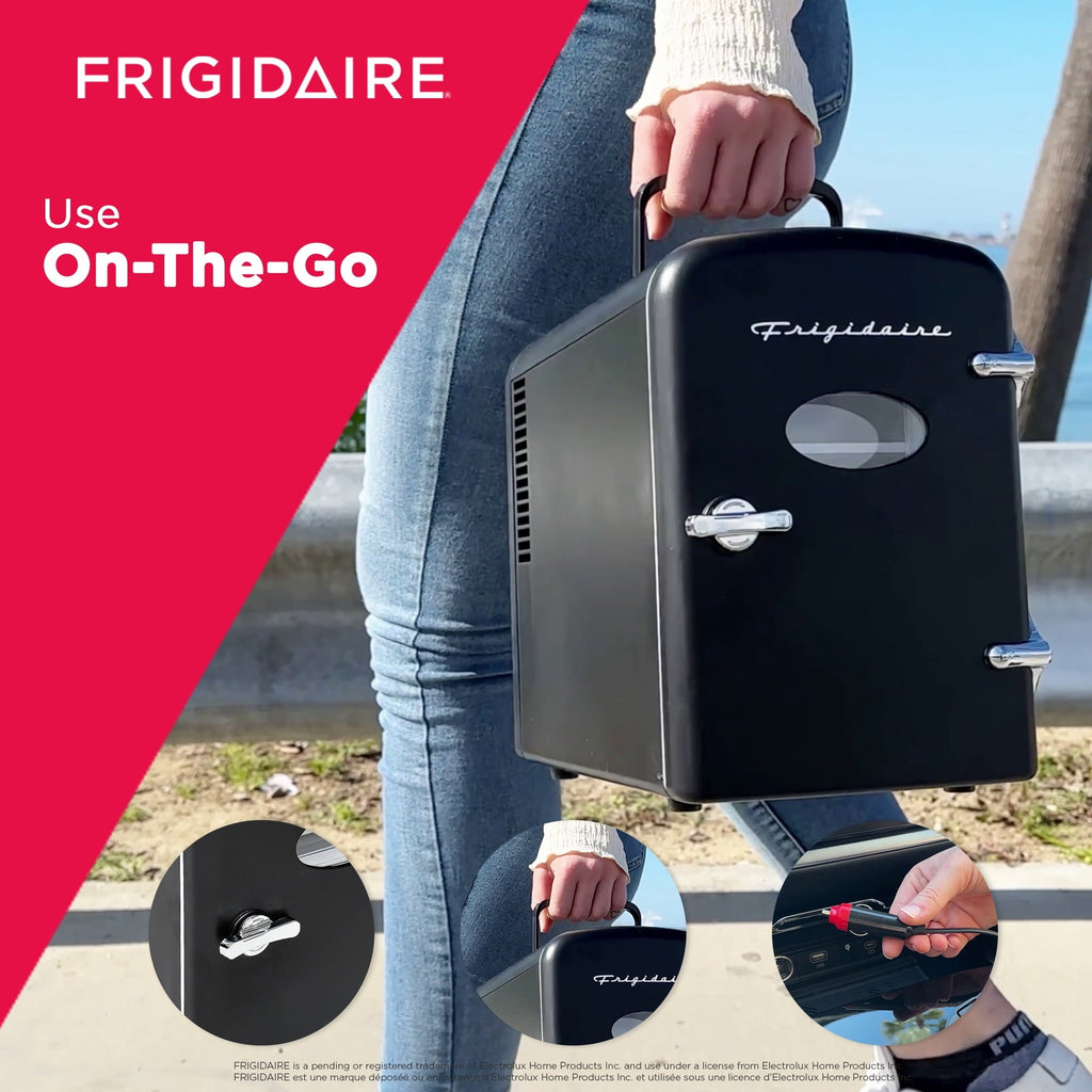 Frigidaire 9 Can Retro Personal Mini Fridge, 6L Portable Cooler with AC & 12V Car Adapter, Compact Beverage Cooler for Drinks, Skincare, and Snacks