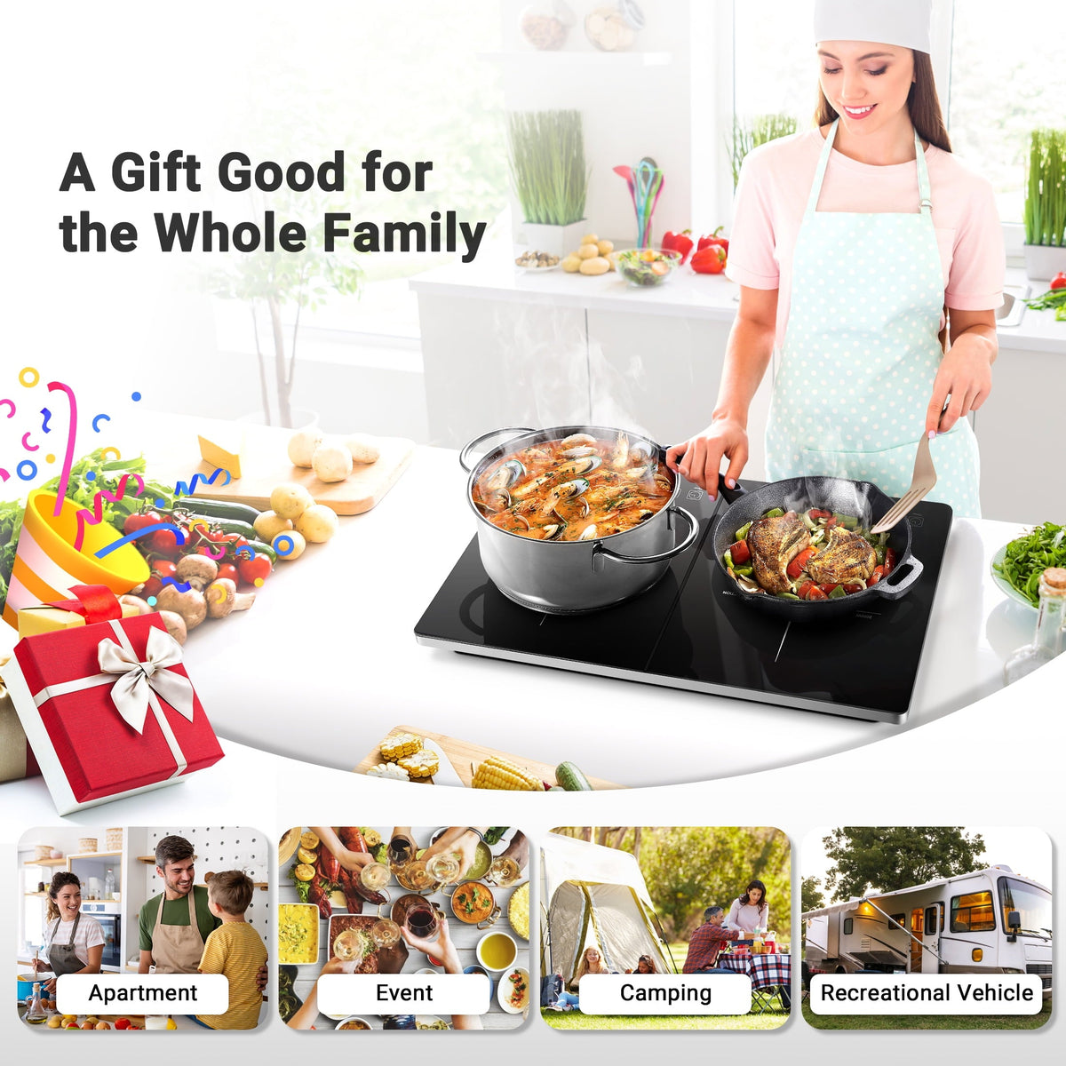 Sunmaki Double Induction Cooktop Portable Electric Stove 2 Burners Electric Cooktops 1800W, 10 Temperature & Power Levels