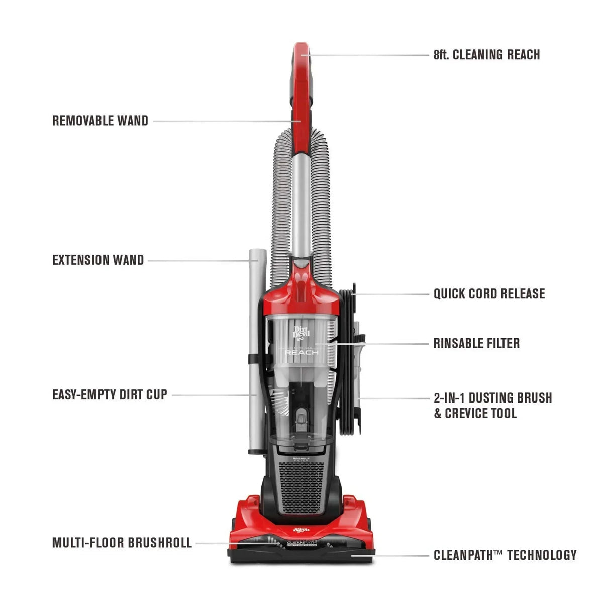 Dirt Devil Endura Reach Upright Bagless Vacuum Cleaner, Corded, Red - UD20124