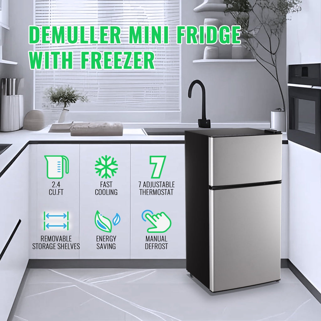 DEMULLER 2.4 Cu.ft Mini Refrigerator Small Fridge with Freezer Dual Door Fridge New Silver