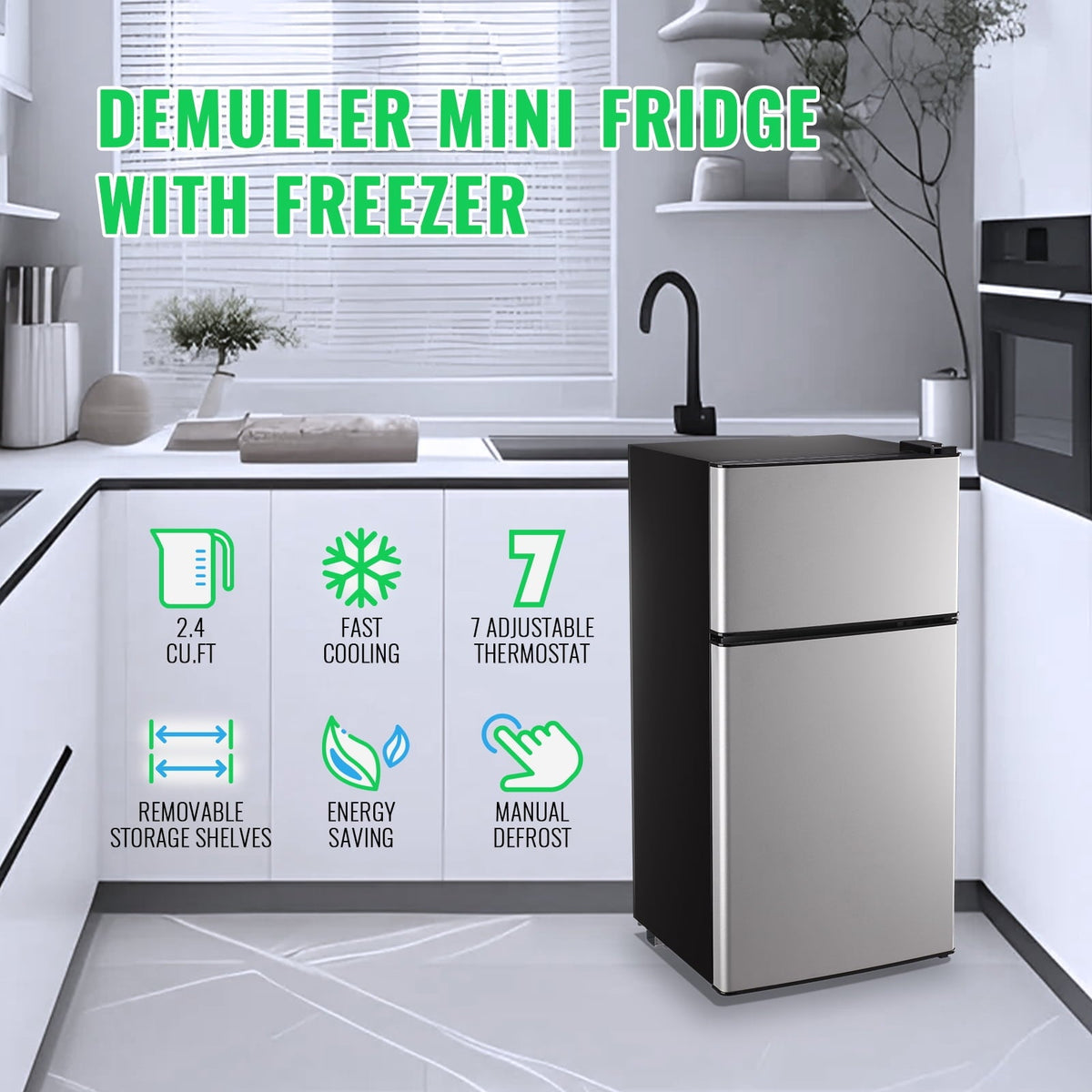 DEMULLER 2.4 Cu.ft Mini Refrigerator Small Fridge with Freezer Dual Door Fridge New Silver