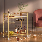 Buildhom 2-Tier Bar Cart with Wheels, Rolling Serving Cart with Wine Rack & Glass Holder for Kitchen, Living Room, Dining Room, Gold