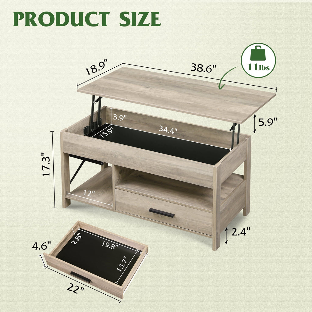 GALAXHERO Coffee Table, 39" Lift Top Coffee Table with Hidden Compartment, Storage Drawers and Storage Shelf for Living Room, Reception Room Greige