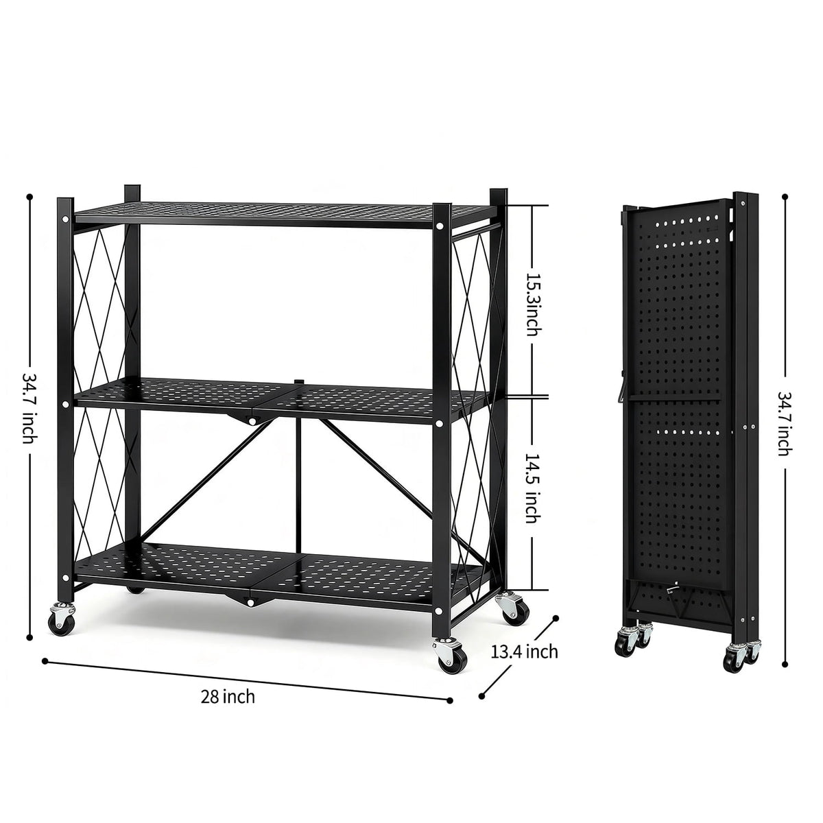 TAIMASI 3-Tier Foldable Metal Shelf with Wheels, Heavy-Duty Movable Wire Rack for Garage, Kitchen, Basement, Pantry Storage, 28''L x 13.4''W x