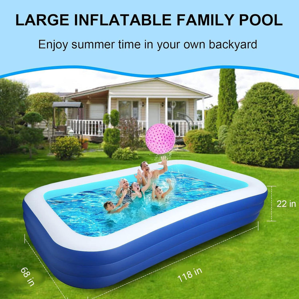 BN-LINK Inflatable Pool for Kids and Adults, 118" X 68" X 22" Oversized Thickened Family Swimming Pool for Toddlers, Outdoor, Garden, Backyard