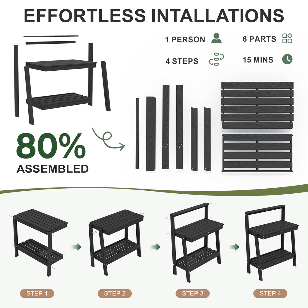SERWALL Outdoor Potting Bench with Storage & Hooks, 3-Tier Heavy-Duty HDPE Garden Workstation Table, All-Weather Potting Table for Patio & Backyard