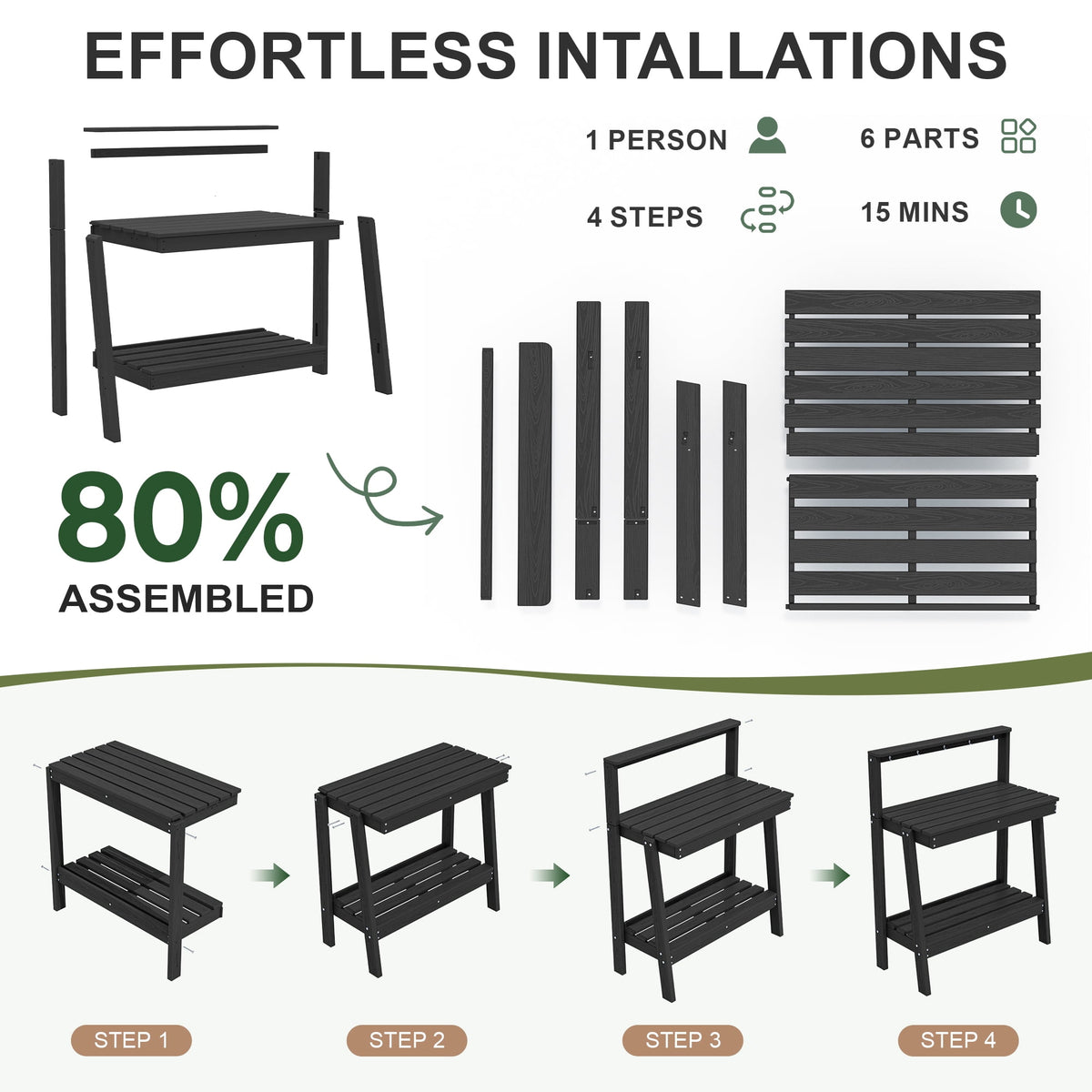 SERWALL Outdoor Potting Bench with Storage & Hooks, 3-Tier Heavy-Duty HDPE Garden Workstation Table, All-Weather Potting Table for Patio & Backyard
