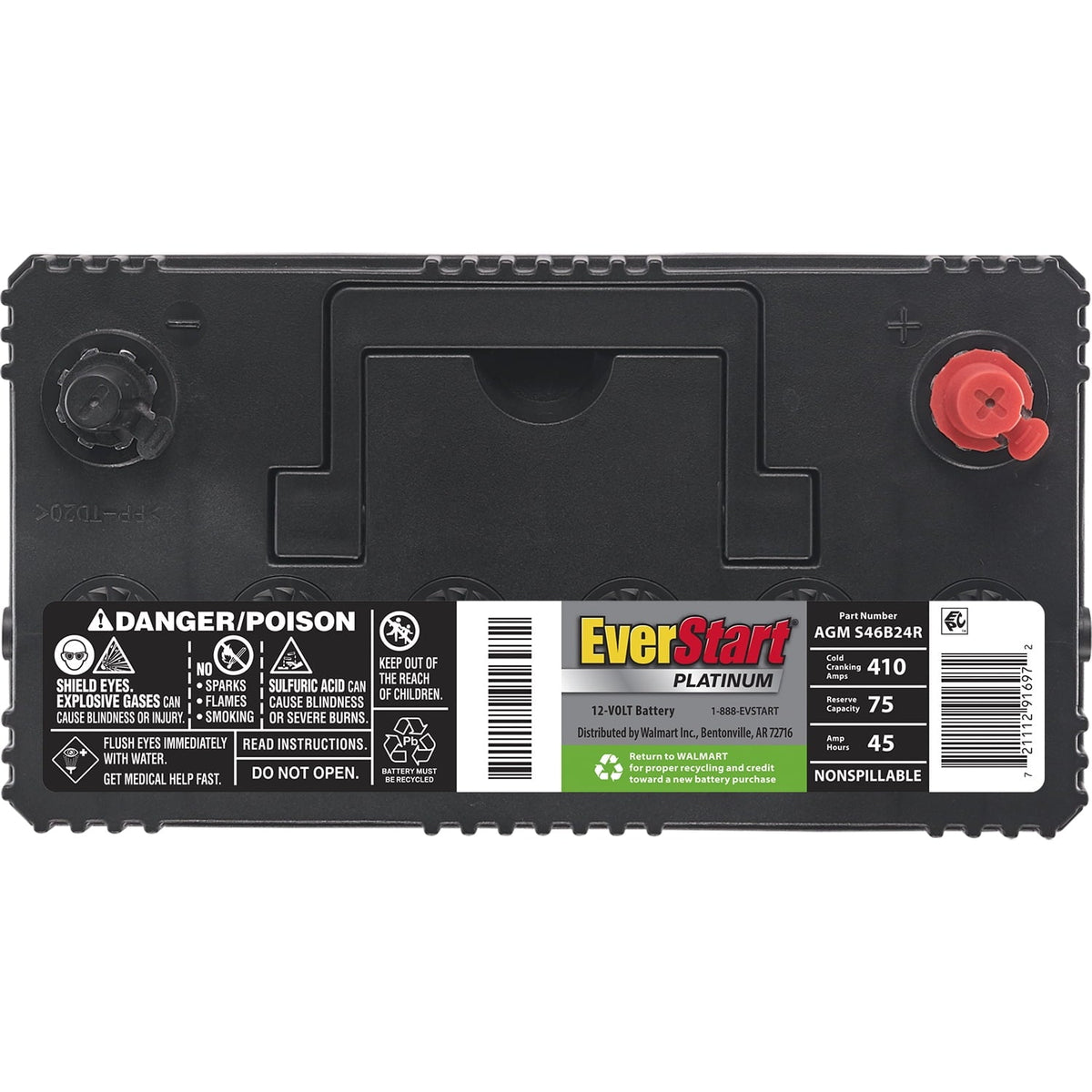 EverStart Platinum AGM Automotive Battery, Group Size S46B24R 12 Volt, minimum 325 CCA