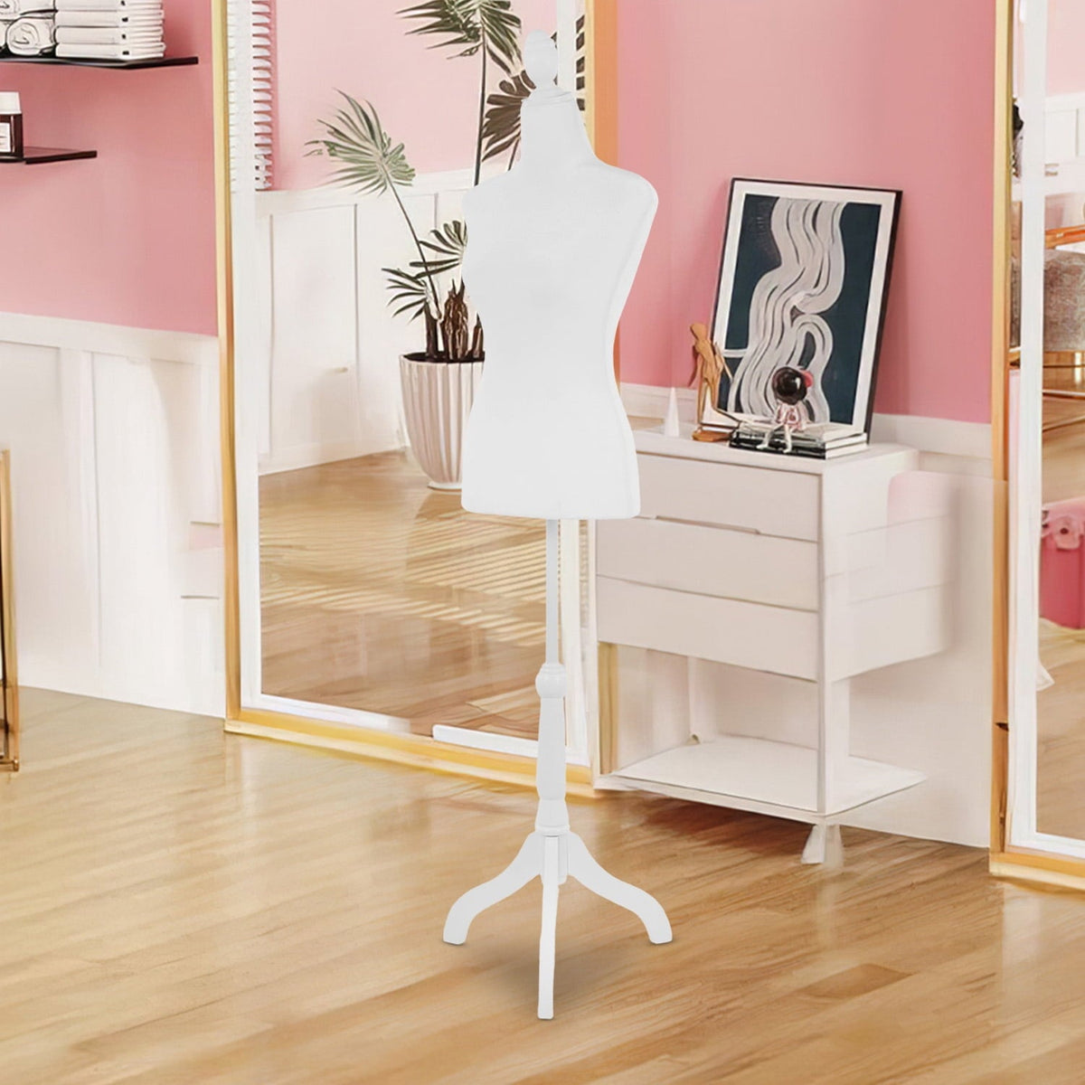 FDW Adjustable Female Dress Form Sewing Mannequin, 50-63" Waist, White, Wooden Tripod Stand