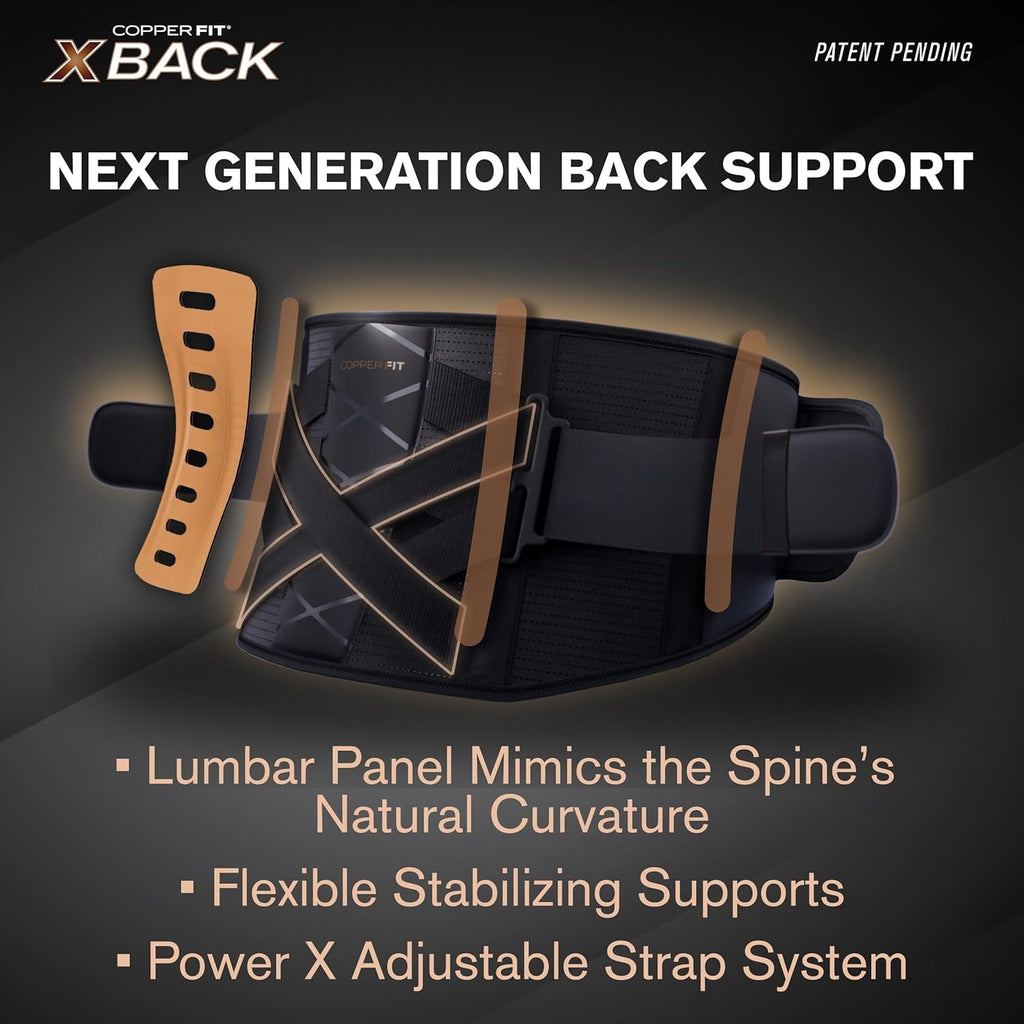 Copper Fit X-Back Brace for Lower Back Pain, Adjustable, Breathable (L/XL) - BLK