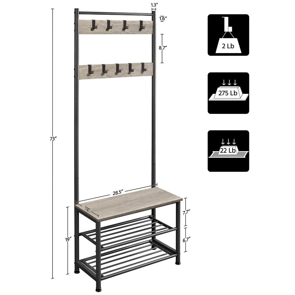 Yaheetech 73'' H Metal Hall Tree Entryway Coat Rack with Shoe Storage Bench & 9 Movable Hooks,Gray