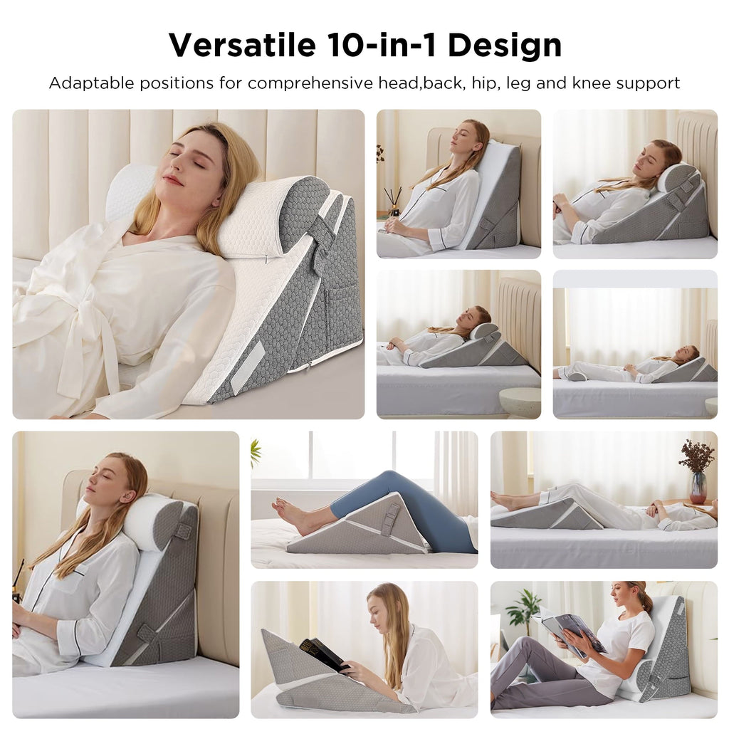 Grnoedn Wedge Pillow for Sleeping,Orthopedic Adjustable Memory Foam Bed Wedge Pillows Set for Acid Reflux,Leg Back Pain Relief & Reading Rest