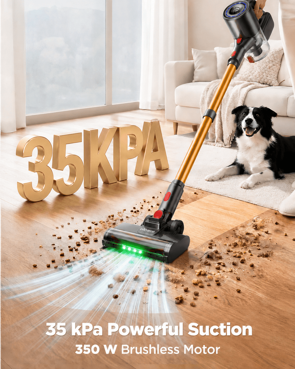 Cordless Vacuum Cleaner, 35KPa Stick Vacuum, Up to 34 Mins Runtime Lightweight Vacuum with Green LED Headlights, Self-Standing Handheld Vacuum for