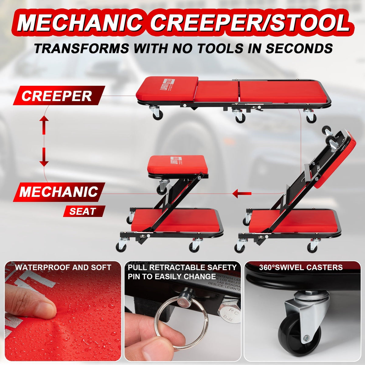 36 inch Foldable Creeper Seat, 2 in 1 Rolling Folding Car Creeper/Stool, 6 Pcs 2" Casters, 330 Lbs Weight Capacity, Wheels for Garage, Shop, Auto