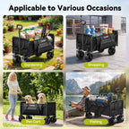 Qunler 560lbs Large Collapsible Folding Wagon with Oversized Tank Wheels, Heavy Duty Big Bucket Utility Garden Cart with Side Pocket for Sports