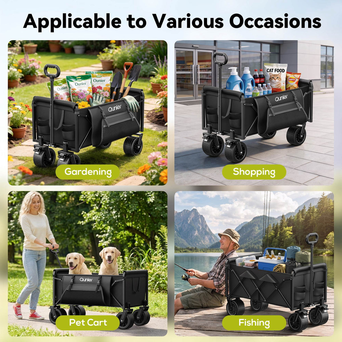 Qunler 560lbs Large Collapsible Folding Wagon with Oversized Tank Wheels, Heavy Duty Big Bucket Utility Garden Cart with Side Pocket for Sports