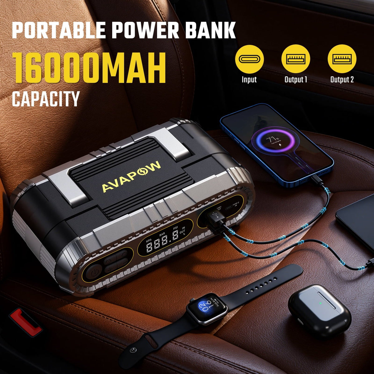 AVAPOW 2000A Heavy Duty Jump Starter with 150 PSI Air Compressor, 12V Battery Booster for Up to 8.0L Gas & 6.0L Diesel Engines, Power Bank & LED Light