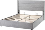 Allewie Queen Lift Up Storage Bed Frame With Wingback Headboard, Light Beige - 80.7 x 60.6 x 44.5 in