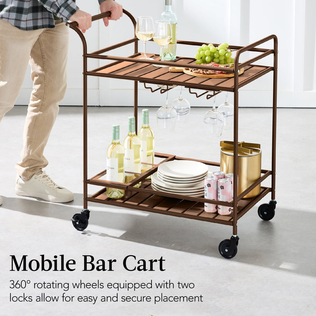 Best Choice Products 2-Tier Rolling Bar Cart Indoor/Outdoor w/ Storage Shelves, Wine Rack, Lockable Wheels - Brown