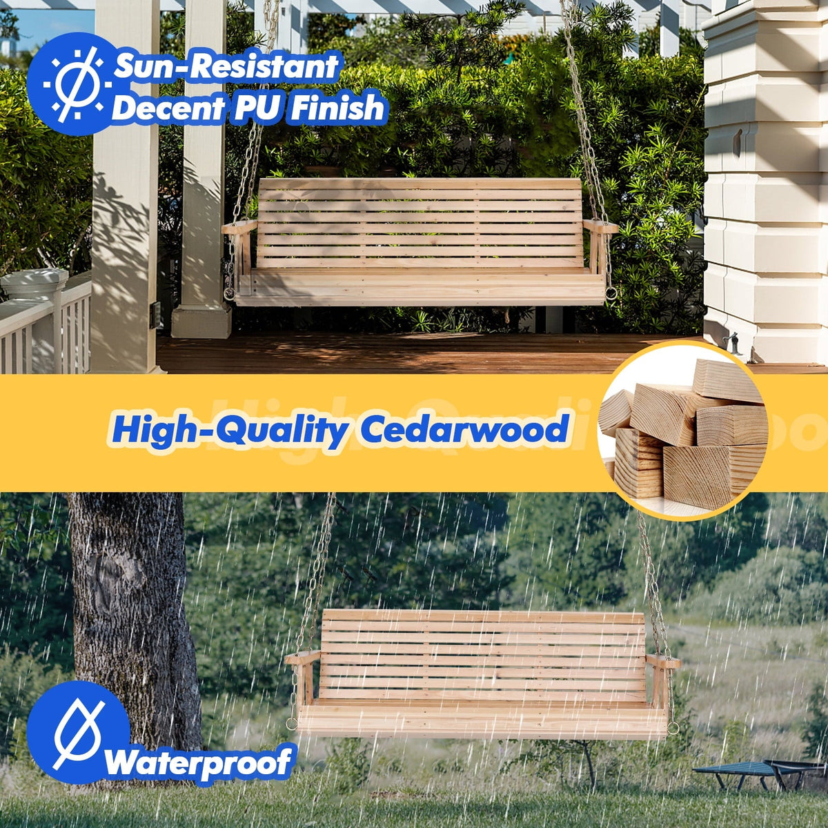 Ktaxon 5FT Patio Porch Swing, Heavy Duty 880lbs Capacity Wooden Bench with Hanging Chains