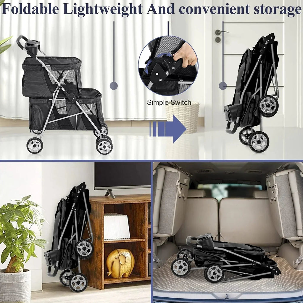 4-Wheel Foldable Pet Stroller With 2 Cages