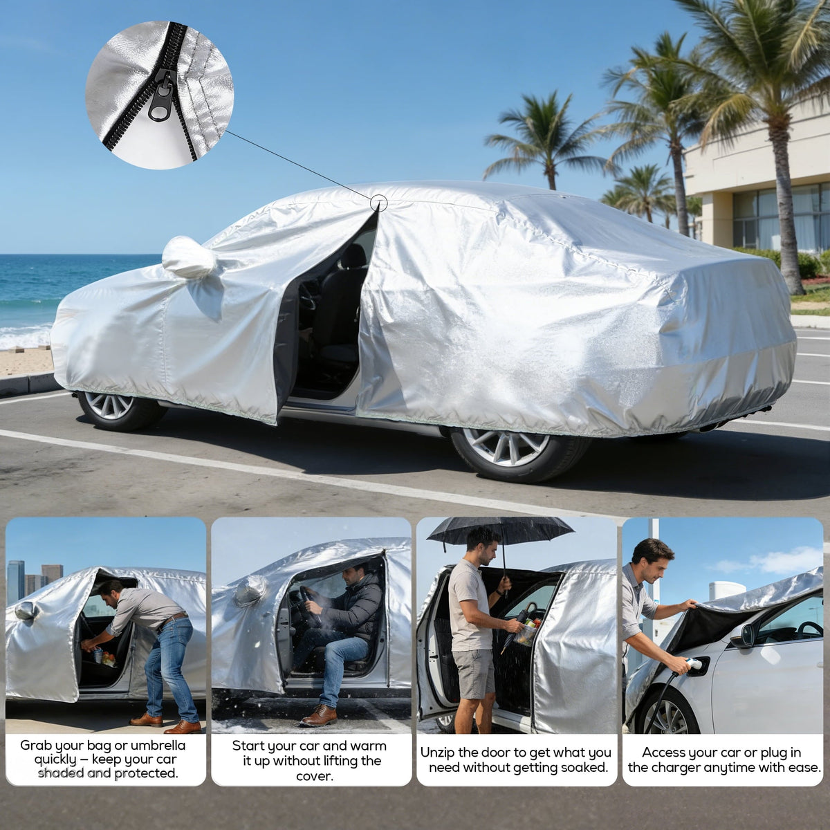 FLORAY Waterproof All-Weather Car Cover with Zipper Door, Windproof for Sedans & Mid-Size Suvs, UV and Snow Guard, Silver (XL, 210" x 59" x 47")