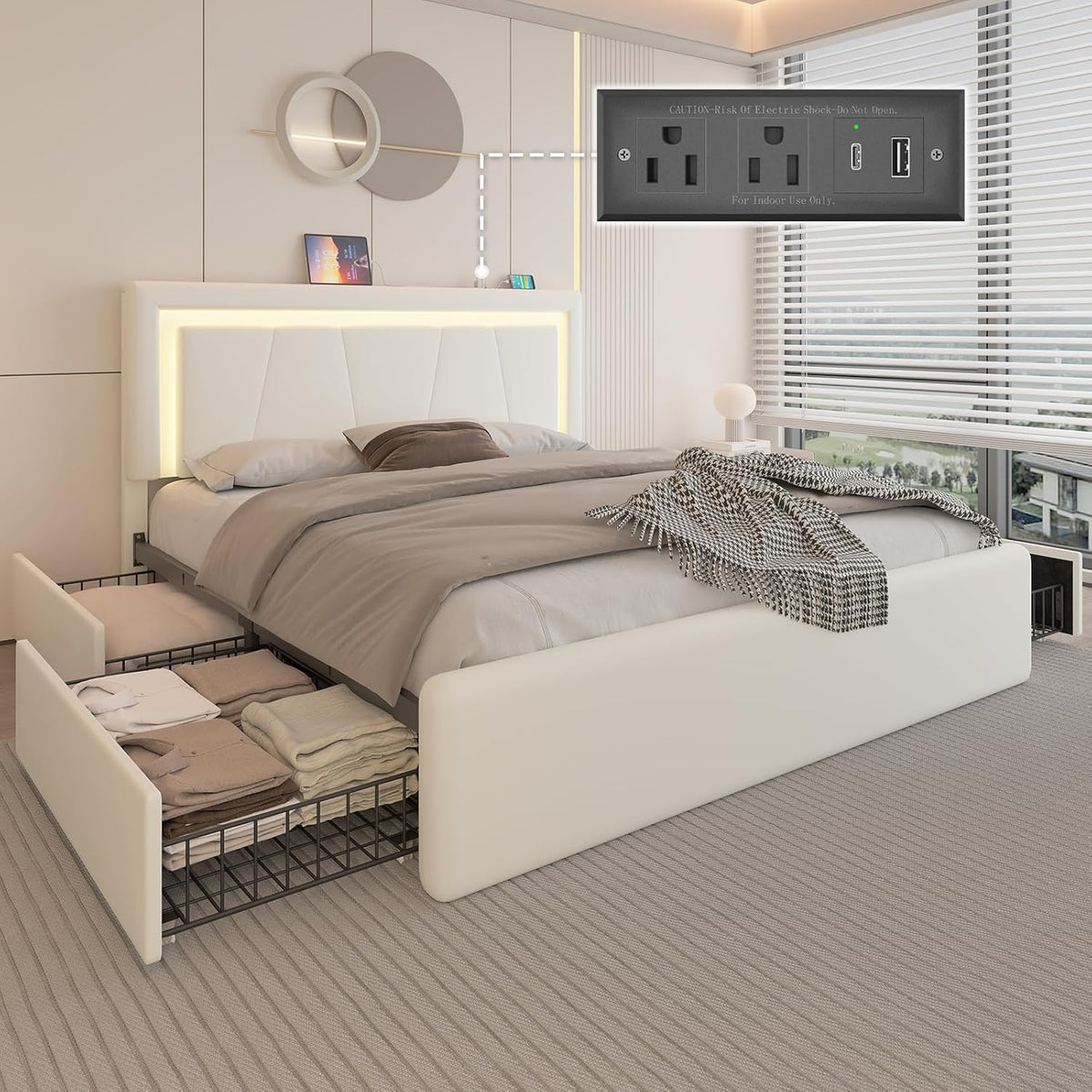 Full Upholstered Platform Bed Frame With 4 Storage Drawers, LED Lights, Adjustable Headboard And Charging Station - White