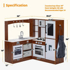 BRINJOY Corner Wooden Kids Play Kitchen With Faucet, Sink, Microwave, Oven, Apron, Blackboard, Sound And Light