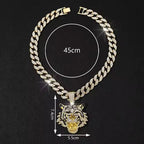 Tiger Head Pendant Necklace With Green Eyes, 13mm Cuban Link Chain, 20in - Gold Or Silvery
