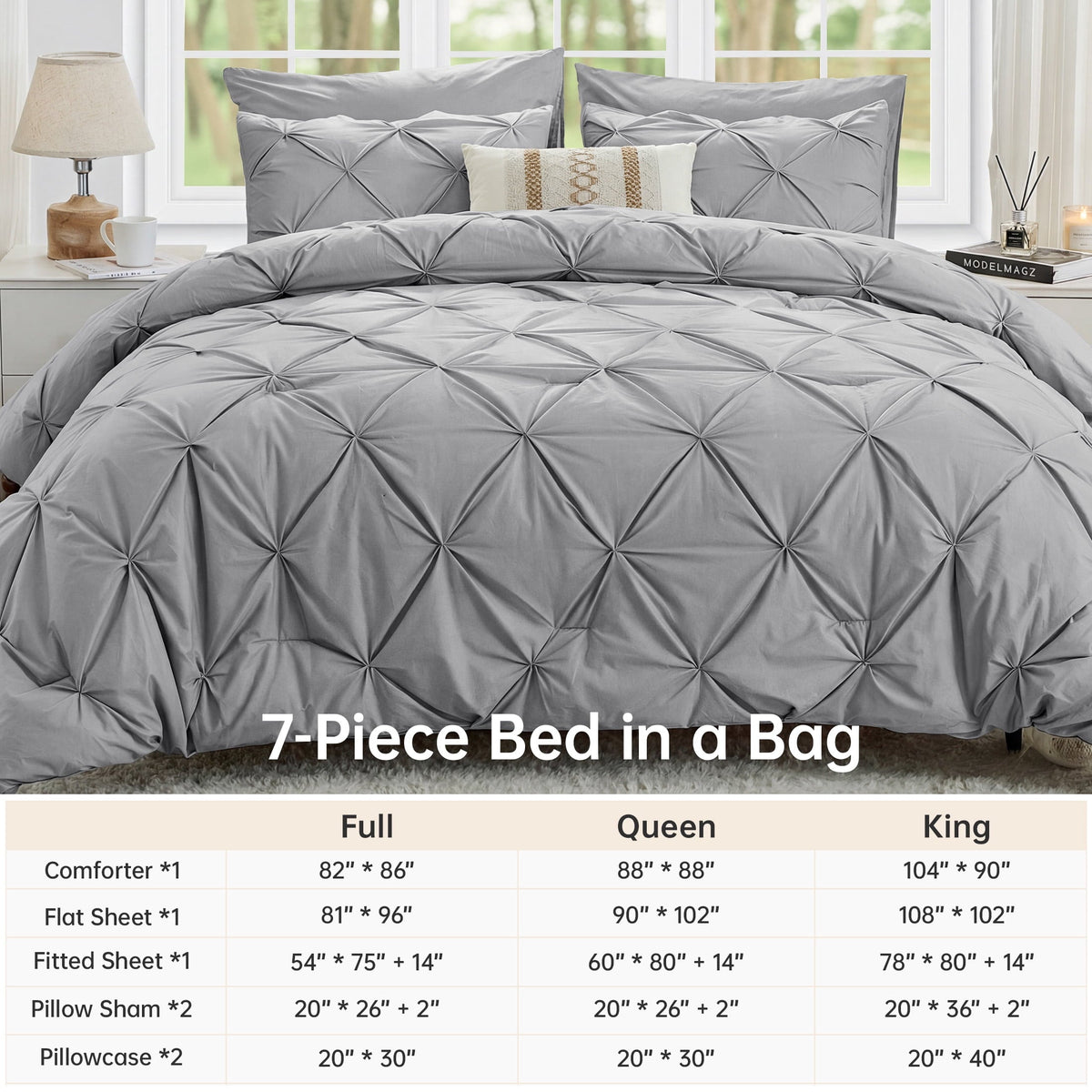 Sasttie Queen Size Comforter Set, 7-Piece Bed in a Bag, Pintuck Bedding Sets for All Season, Light Grey