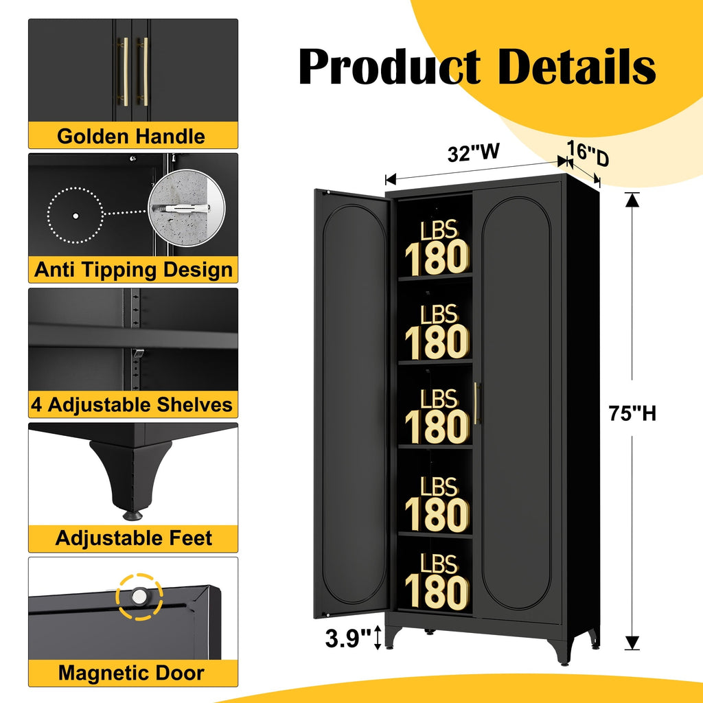 Polup Modern Tall Metal Kitchen Storage Pantry Cabinet, 75" H, Adjustable Shelves, Doors, Black