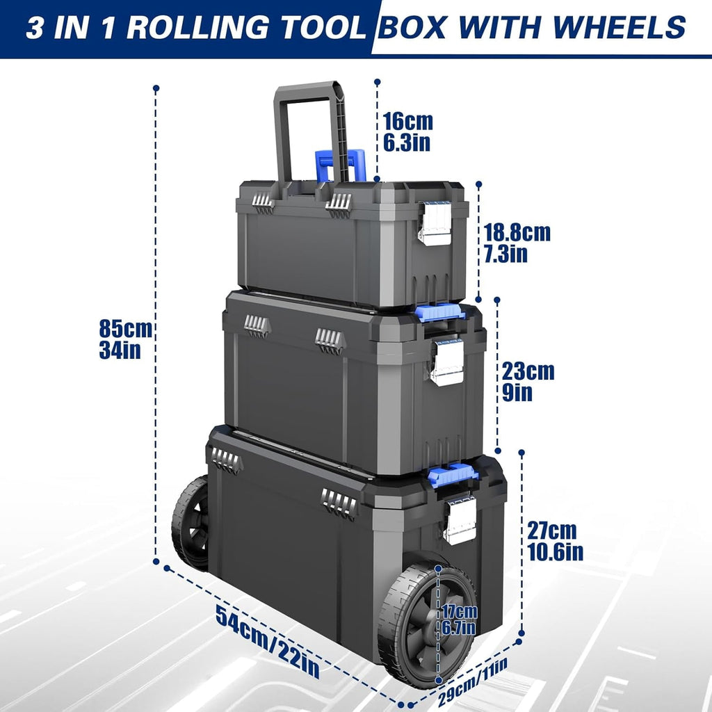 AIRAJ 3-in-1 Rolling Tool Box with Wheels Stackable Tool Chest Tool Storage Organizer Removable Trays 17 in 19 in 21 in Garage Workshop