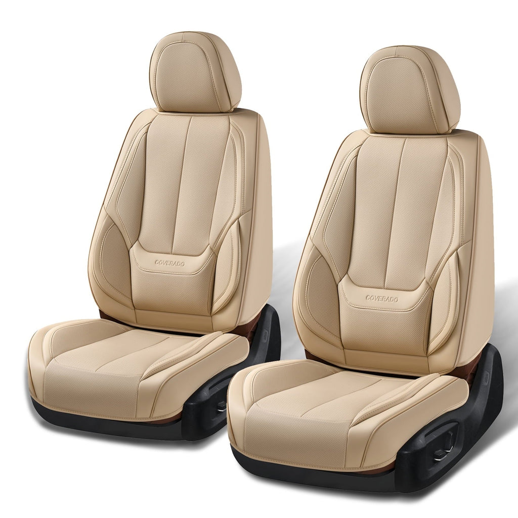 Coverado Beige Front Car Seat Covers, Stylish Waterproof Premium Leather Automotive Seat Protectors, Airbag Compatible Auto Interior Accessories