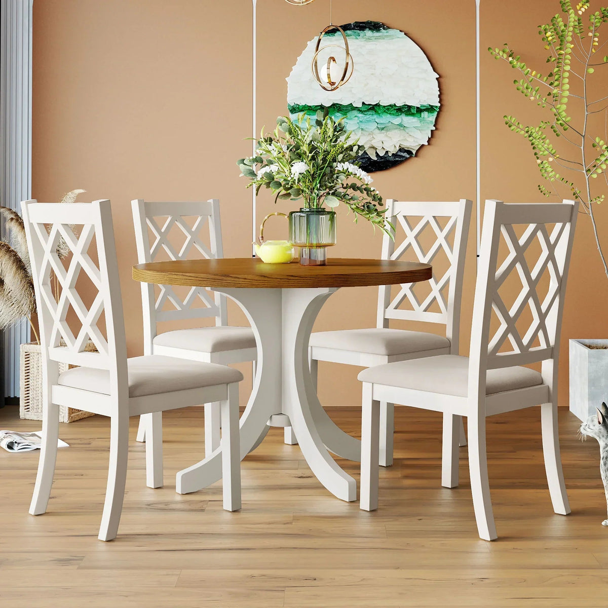 Llinc Store 5-Piece Round Dining Table Set For 4 With Upholstered Chairs, Walnut Table/Beige Chairs