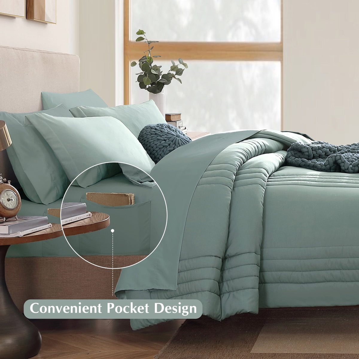 Amberspace 7-Piece Bed in a Bag Comforter Set with Sheets,Sage Green,Queen