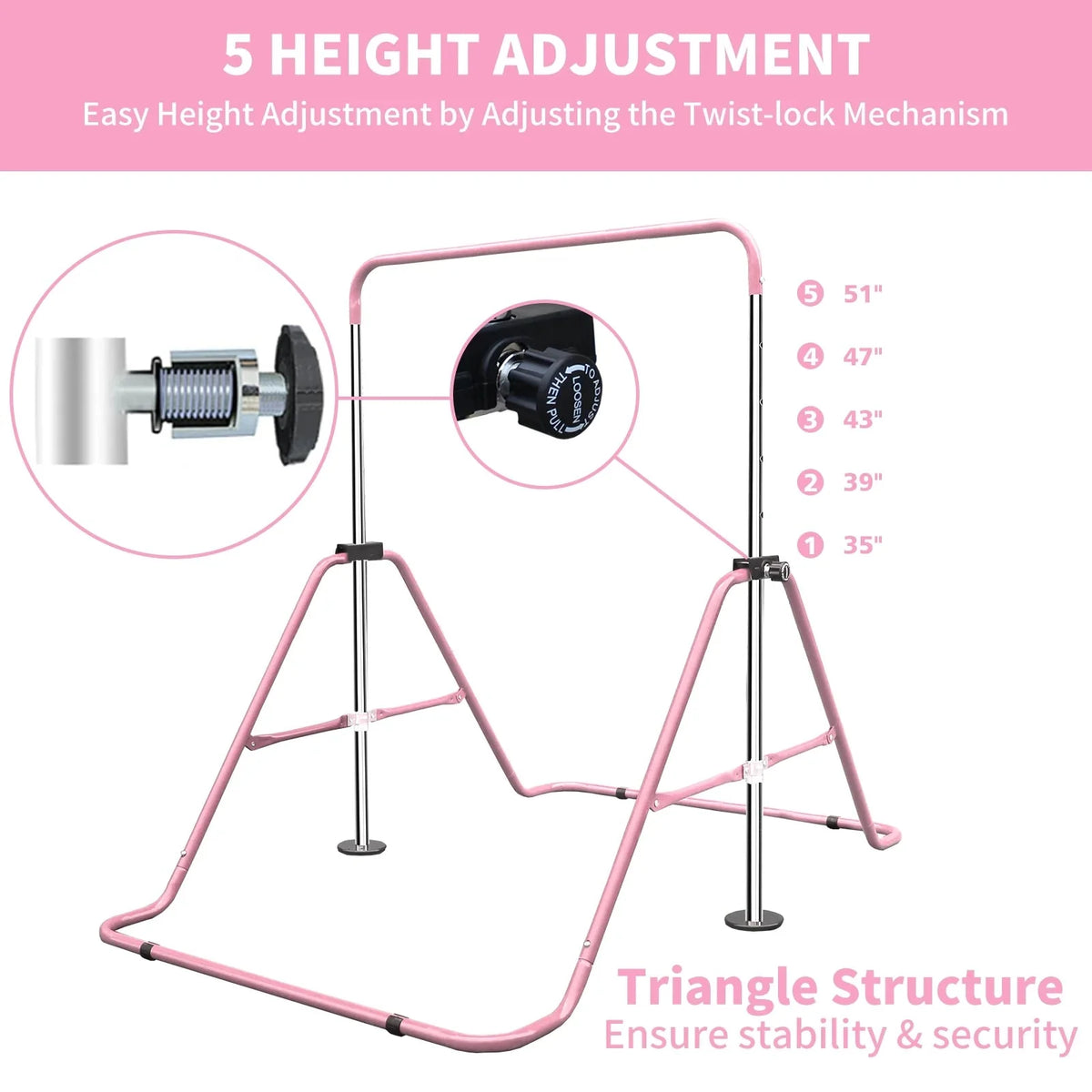 Expandable Gymnastics Bar For Kids, Folding, Height Adjustable 35-51 in, Pink