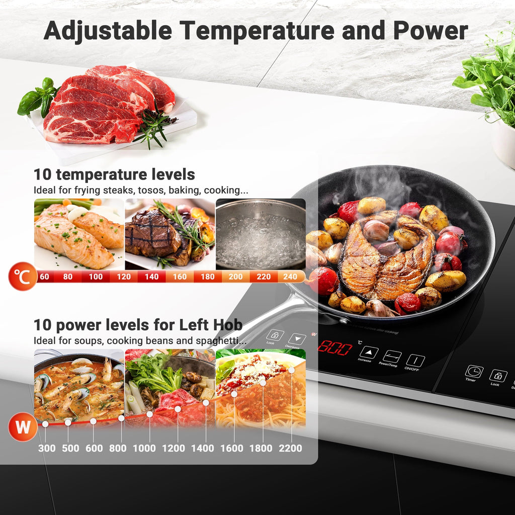 Sunmaki Double Induction Cooktop Portable Electric Stove 2 Burners Electric Cooktops 1800W, 10 Temperature & Power Levels