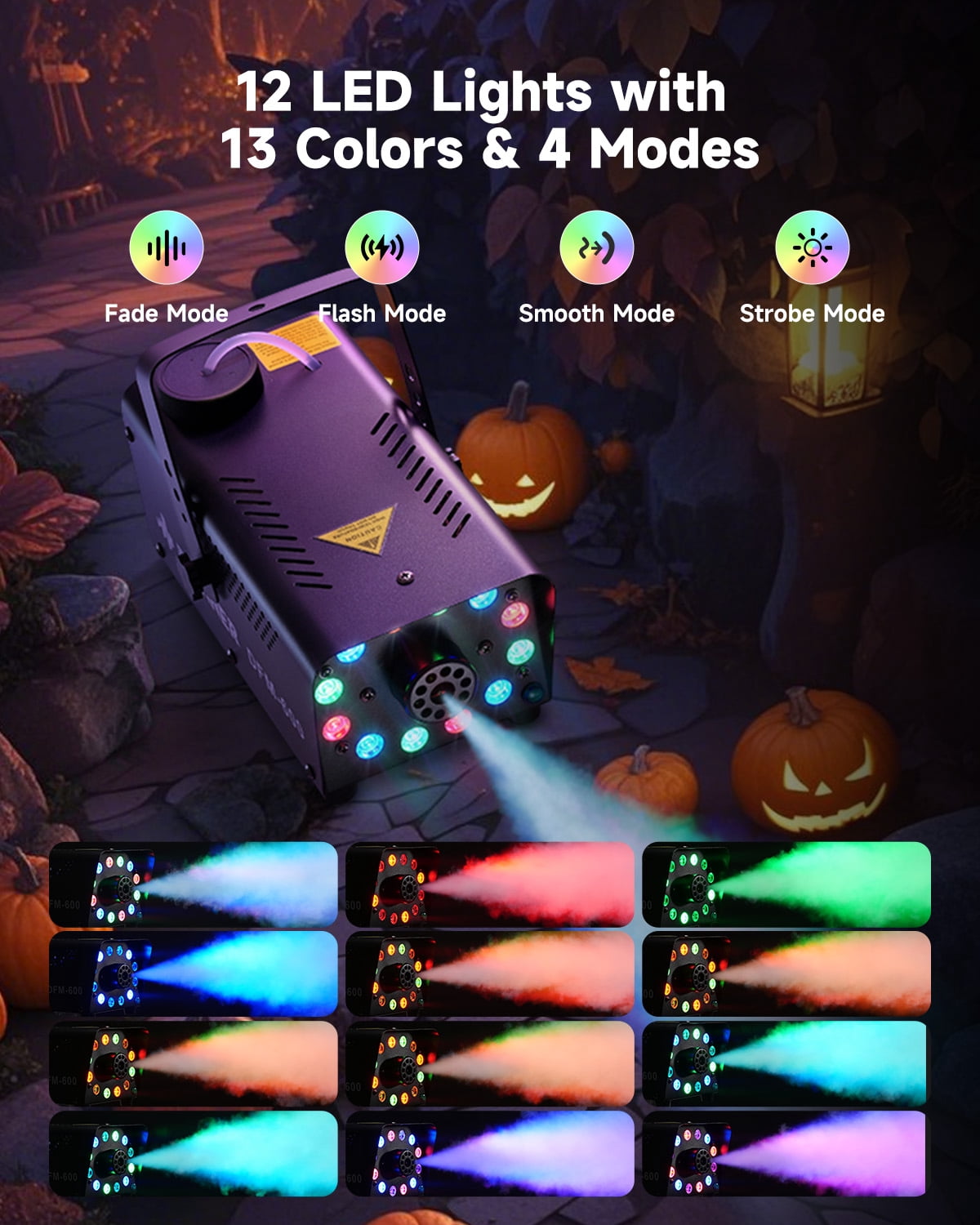 Donner Halloween Fog Machines 600W, 3000 CFM, 13 Colors, 12 RGB LED Lights, Smoke Machine for Party Wedding