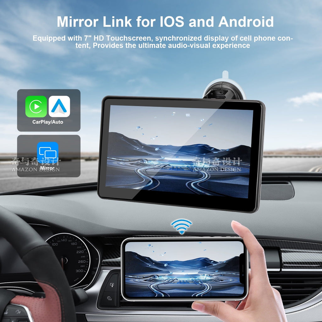 Wireless Apple Carplay Screen for Car, 7" HD Touch Screen Portable Car Stereo for Carplay & Android Auto, Pantalla Para Carros with Bluetooth, AUX