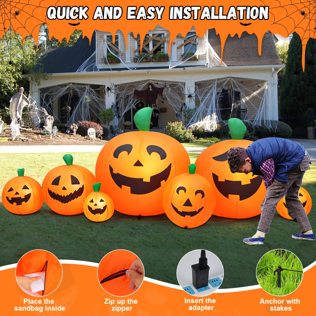 Yexmas 8 FT Halloween Inflatables Pumpkin, 7 Pumpkins Halloween Outdoor Decoration with Built-in LED Lights, Halloween Blow Ups for Yard, Lawn, Garden Decor