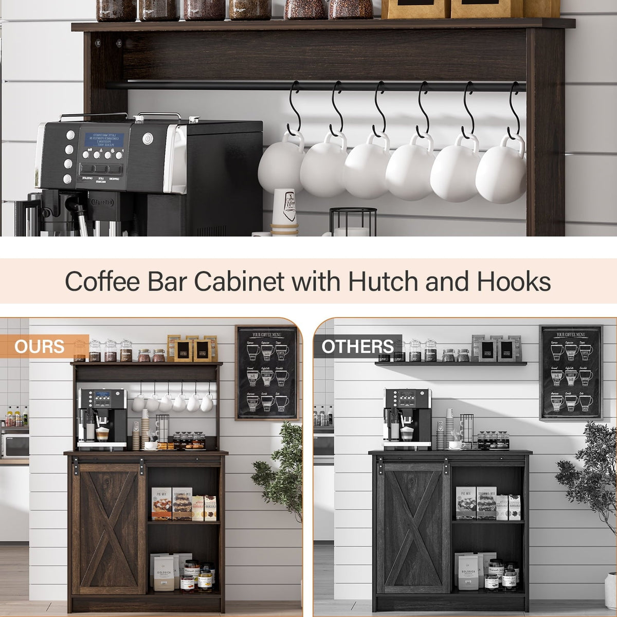 Catrimown Farmhouse Coffee Bar Cabinet, Sideboard Buffet Cabinet with Storage and Shelf, Dark Oak