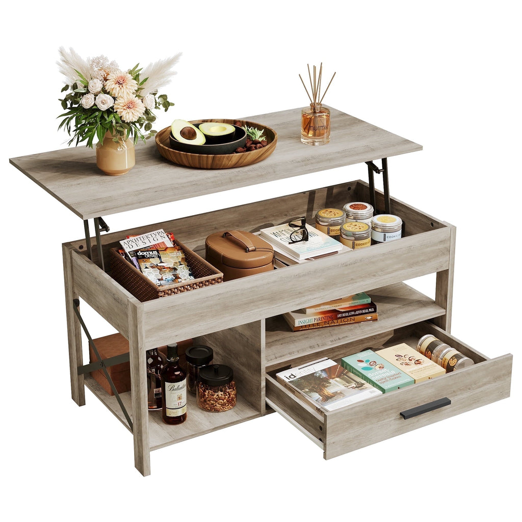 GALAXHERO Coffee Table, 39" Lift Top Coffee Table with Hidden Compartment, Storage Drawers and Storage Shelf for Living Room, Reception Room Greige