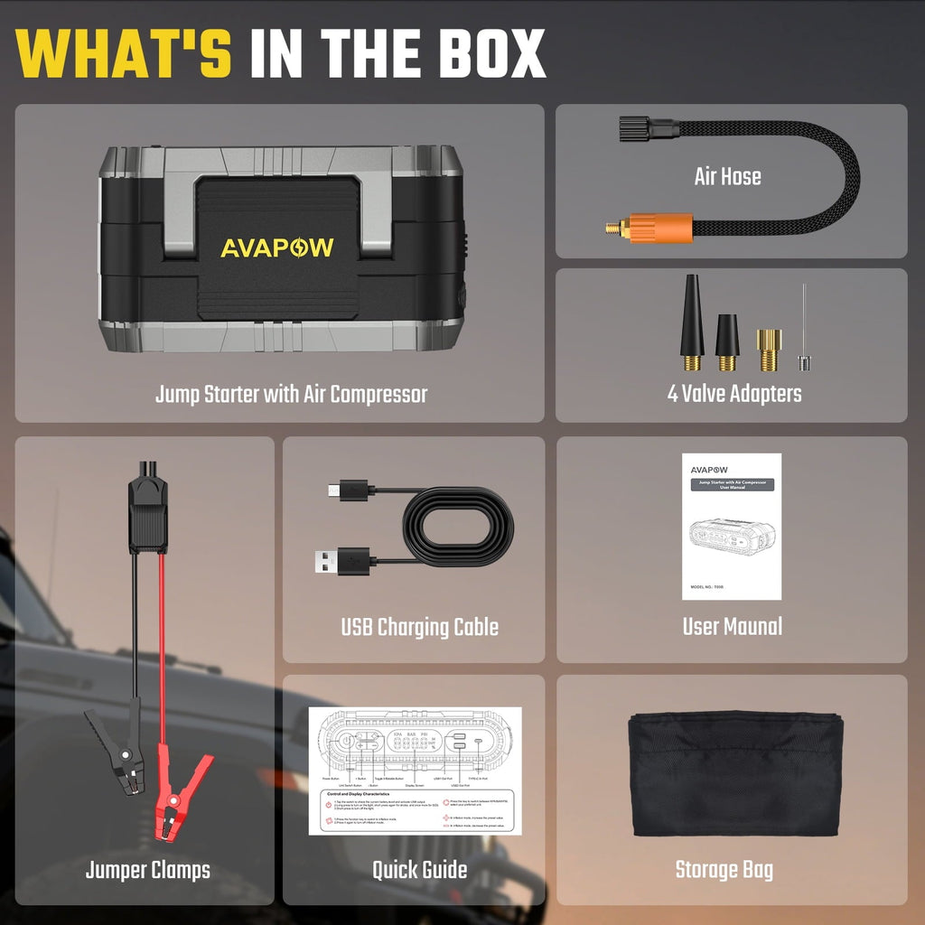 AVAPOW 2000A Heavy Duty Jump Starter with 150 PSI Air Compressor, 12V Battery Booster for Up to 8.0L Gas & 6.0L Diesel Engines, Power Bank & LED Light