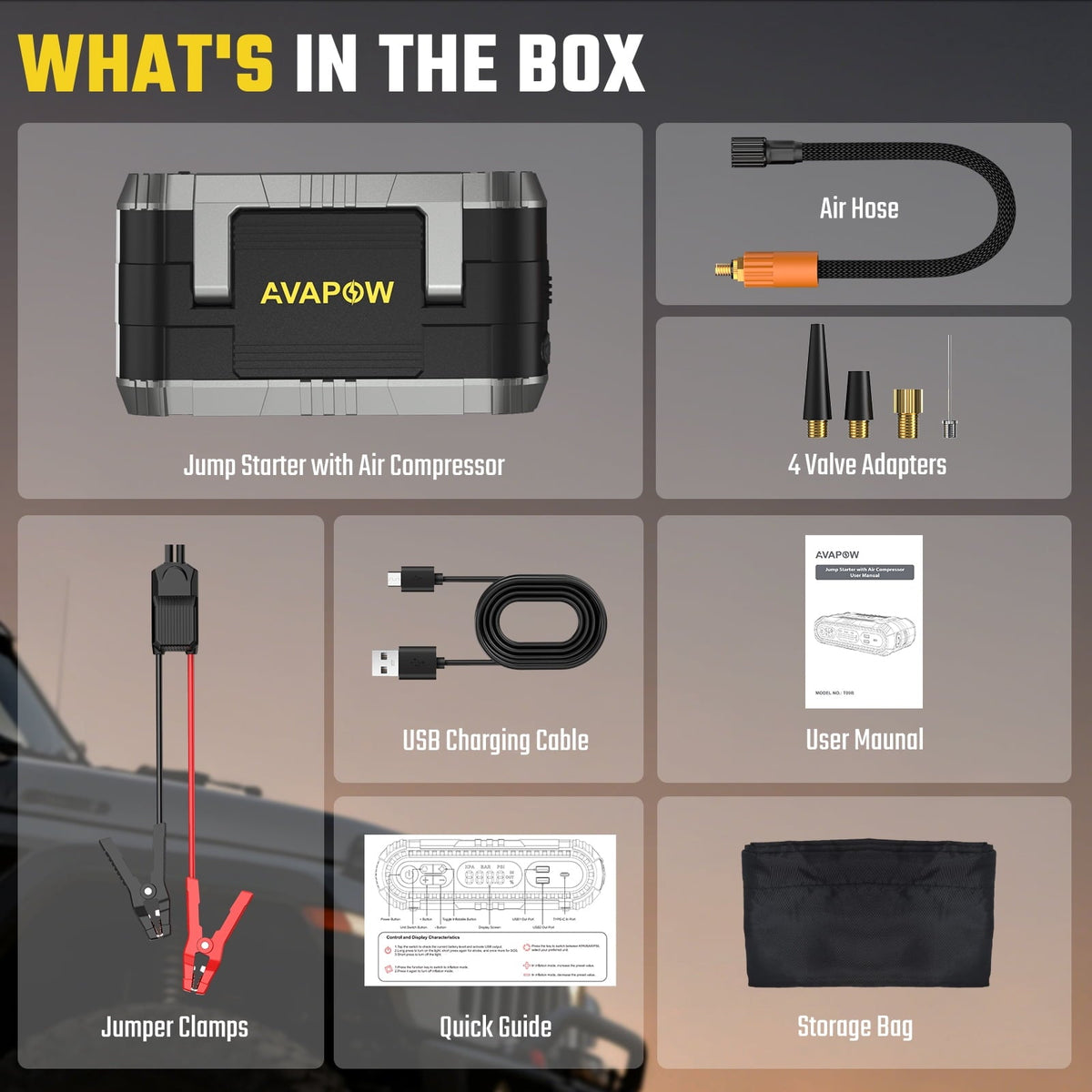 AVAPOW 2000A Heavy Duty Jump Starter with 150 PSI Air Compressor, 12V Battery Booster for Up to 8.0L Gas & 6.0L Diesel Engines, Power Bank & LED Light