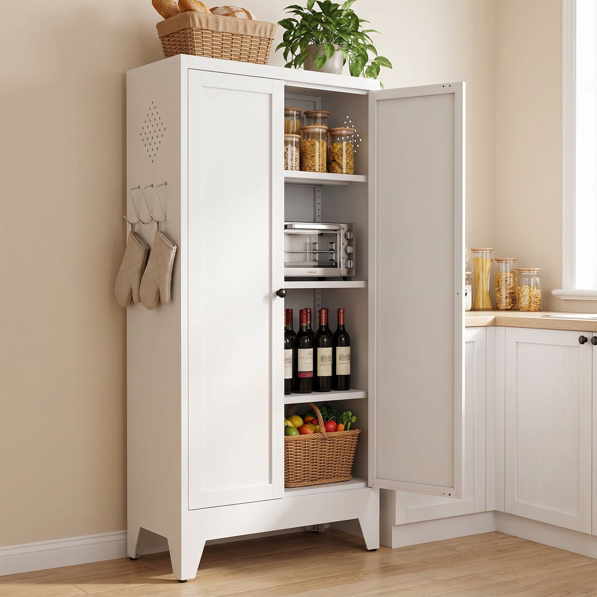 Glyxxen 47" Kitchen Pantry Cabinet, Metal Storage Cabinet, Modern Tall Steel Pantry Cupboard with 2 Doors and Adjustable Shelves for Kitchen Garage