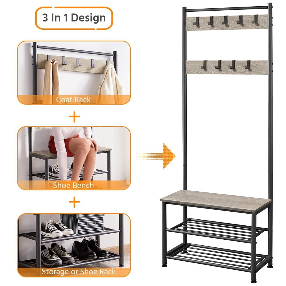Yaheetech 73'' H Metal Hall Tree Entryway Coat Rack with Shoe Storage Bench & 9 Movable Hooks,Gray