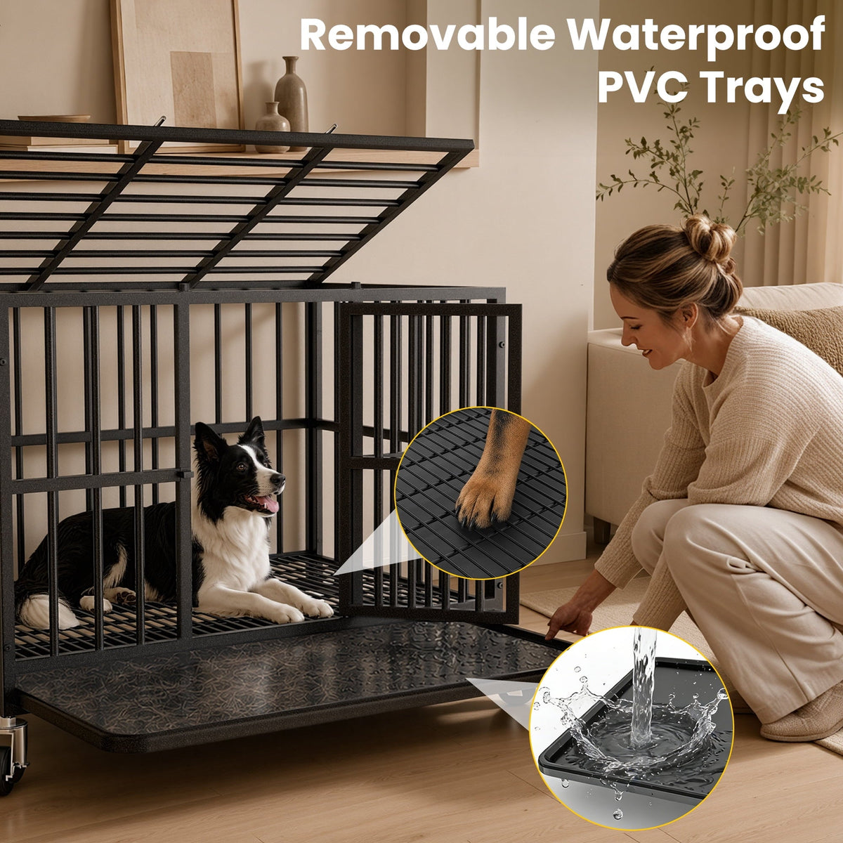 Time Ray 38 inch Dog Crate for Medium Dog with Steel Escape Proof,Heavy Duty Indestructible Dog Kennel with Double Doors,Lockable Wheels and