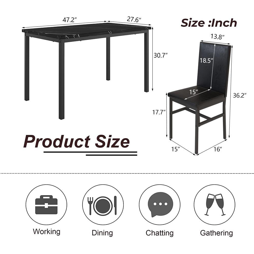 5 Piece Dining Table Set, Modern Faux Marble Tabletop and 4 PU Leather Upholstered Chairs, Rectangle Kitchen Table and Chairs for 4 Persons, Small